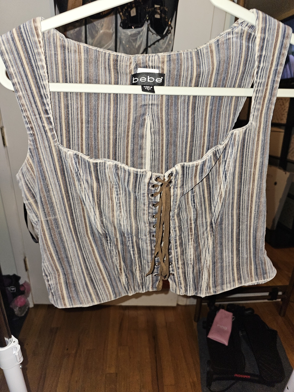 Vintage bebe Striped Lace-Up Crop Tank in Blue and Tan